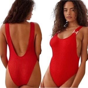 NWT Aerie Crinkle Birthday Scoop Cheekiest Red One Piece Swimsuit